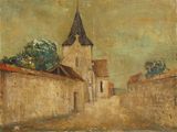 une image représentant une peinture d'une église avec un clocher en arrière-plan