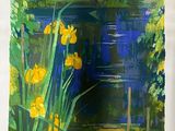 un tableau représentant des fleurs jaunes devant une maison bleue