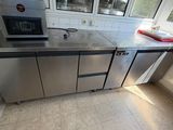 stainless steel counter top in a kitchen with a microwave on it