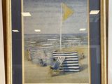 painting of a beach scene with a blue and white striped chair and a yellow flag