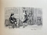 a drawing of a man sitting on a bench talking to a woman