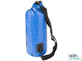 a blue waterproof bag with a black strap on it