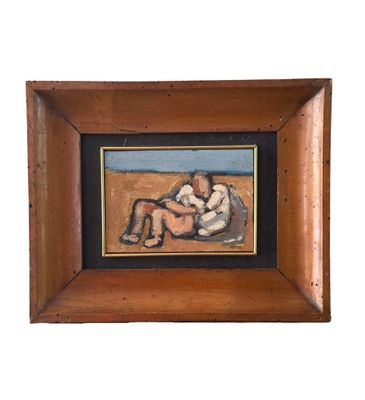 tableau représentant une femme et un enfant sur une plage, dans un cadre en bois