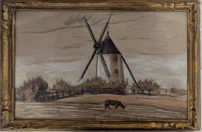 painting of a horse grazing in a field with a windmill in the background