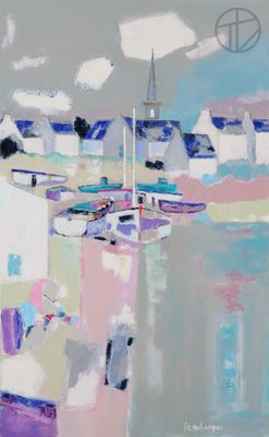 peinture abstraite représentant des bateaux dans un port, avec le clocher d'une église en arrière-plan