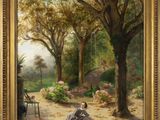 an image of a painting of a woman sitting on a bench in a park