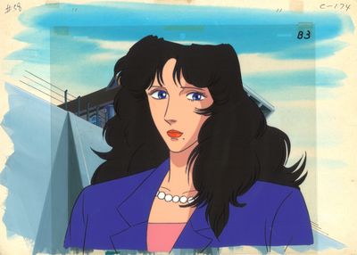 an image of a woman with long black hair wearing a blue jacket