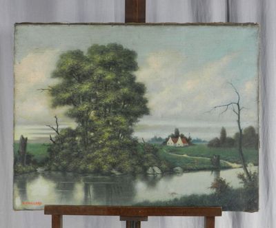 un tableau posé sur un chevalet, avec, en arrière-plan, un tableau représentant une maison