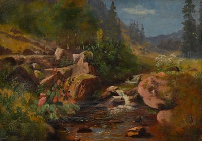 un tableau représentant un ruisseau de montagne traversant une forêt