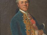 un vieux tableau représentant un homme en manteau bleu tenant un livre
