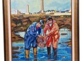 peinture à l'huile représentant trois personnes debout dans un plan d'eau, avec un phare en arrière-plan