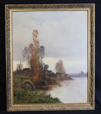 a painting of a river scene with trees and a body of water