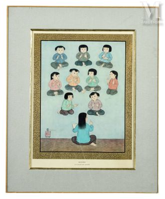 an image of a painting of a woman sitting in front of a group of people