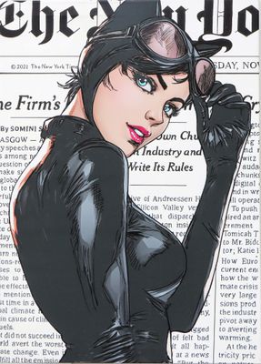an illustration of a woman in a black cat suit on a newspaper