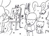 cartoon drawing of a group of people standing in front of a painting easel