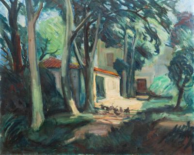 une peinture à l'huile représentant une maison située dans un cadre boisé, entourée d'arbres