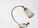 a brass table lamp with a white shade and a black cord