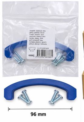two blue handles and screws in a package and a package of screws