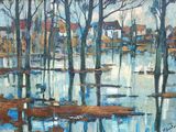 a painting of a flooded area with trees in the foreground
