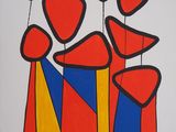 a picture of a painting of red and blue flowers