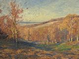 peinture représentant un paysage avec des arbres au premier plan et des collines à l'arrière-plan