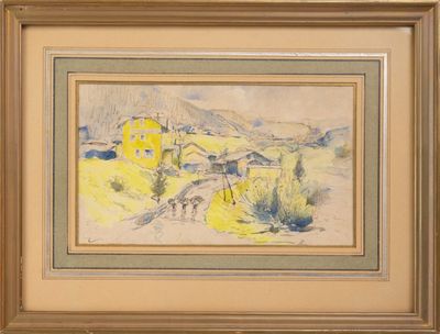 une image représentant une peinture d'une maison jaune dans un champ