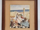 painting of a family sitting on a checkered floor with a clock tower in the background