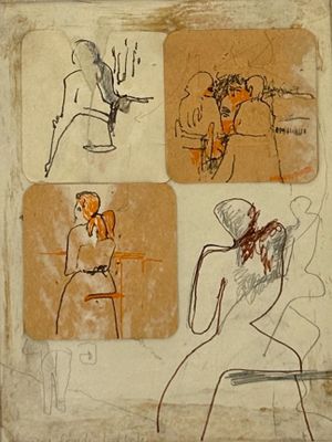 sketches of a woman sitting on a stool with a man standing next to her