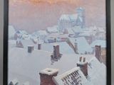 painting of a view of a snowy town with a church in the background