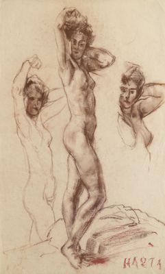 dessin représentant trois nus et un homme debout sur un lit