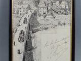 un dessin en noir et blanc représentant un pont enjambant une rivière