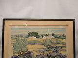 framed watercolor painting of a landscape with lavenders and trees