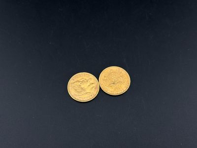 a close up of two gold coins on a black surface