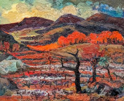 une peinture à l'huile d'un paysage avec une montagne en arrière-plan