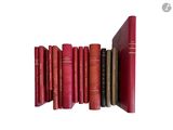 several red books are lined up in a row on a white surface