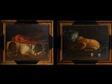 two paintings of food on a table in a dark room