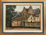 une peinture à l'huile représentant un bâtiment au toit rouge, dans un cadre