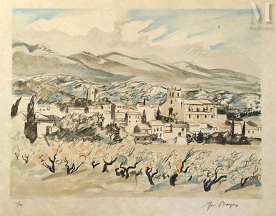 painting of a village in the mountains with trees and mountains in the background