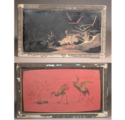 two framed paintings of birds and flowers on a red background
