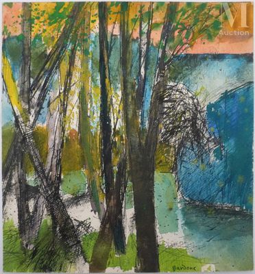 BARDONE Guy (1927-2015) Arbres sous un Ciel orangé