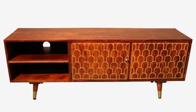 a close up of a wooden entertainment unit with shelves and shelves