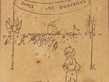 un vieux dessin représentant un garçon debout devant un mât