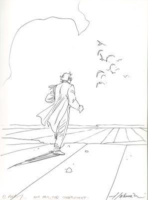 dessin représentant un homme sur un skateboard, avec des oiseaux qui volent en arrière-plan