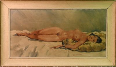an image of a painting of a naked woman laying on a bed