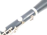 a close up of a clarinet with a white background