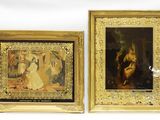 deux tableaux encadrés représentant une femme et un homme en robe blanche