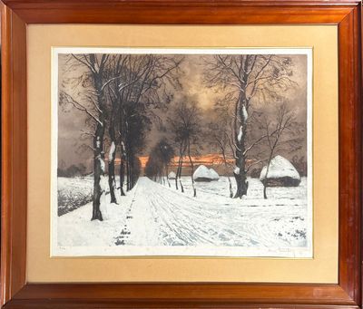 tableau représentant un paysage enneigé avec des arbres et un sentier au premier plan