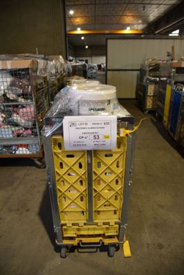 a cart that has a sign on it in a warehouse