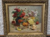 une peinture à l'huile représentant des fleurs dans un vase sur une table