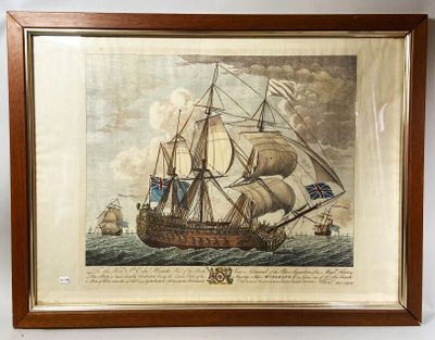 an old picture of a ship in the water with a flag on it